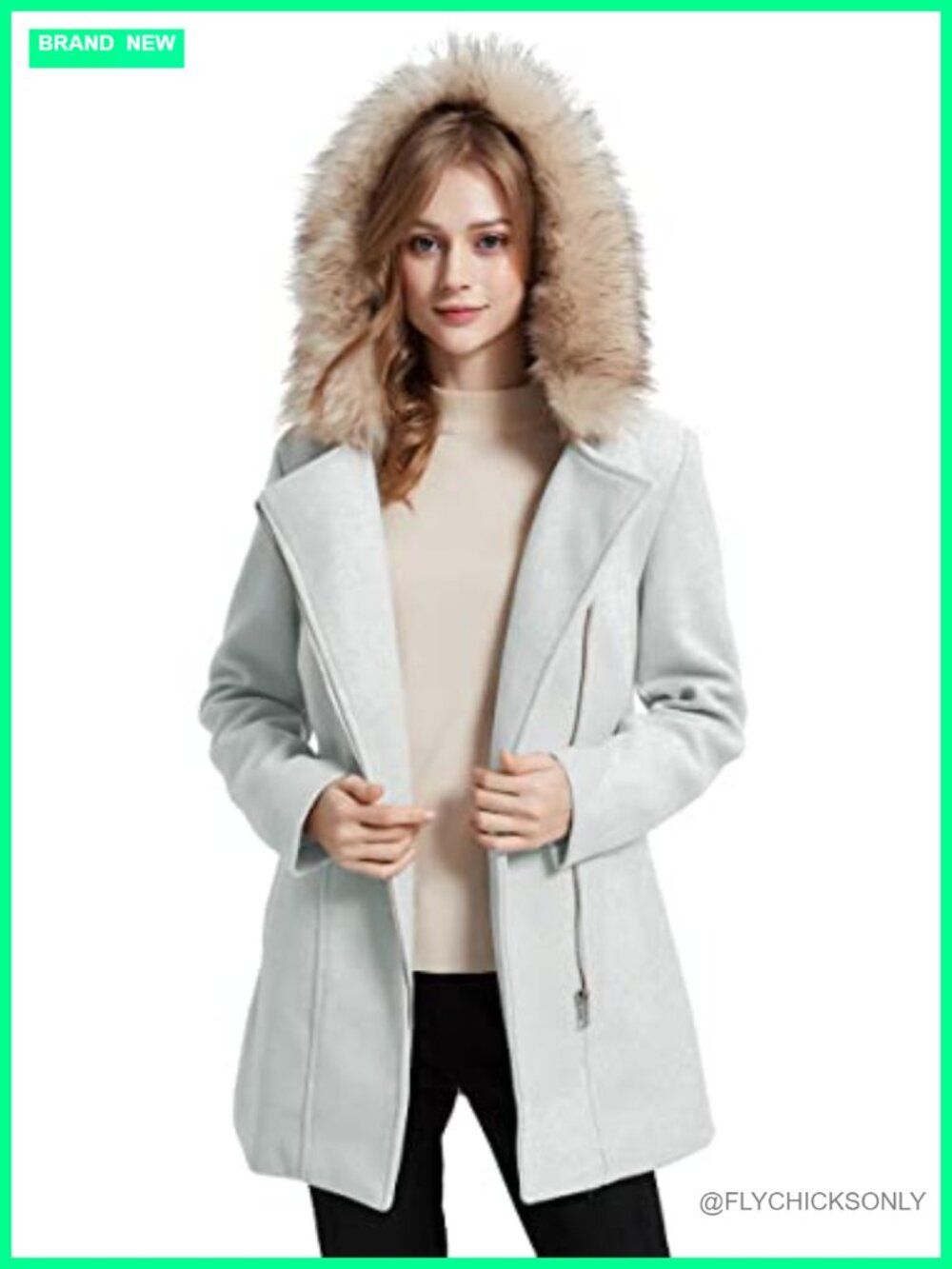 Wool Blend Mid-Length Trench Coat Belted Fur Collar Peacoat